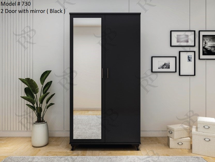 Modern 2-Door Wardrobe with Full-Length Mirror - Black Finish