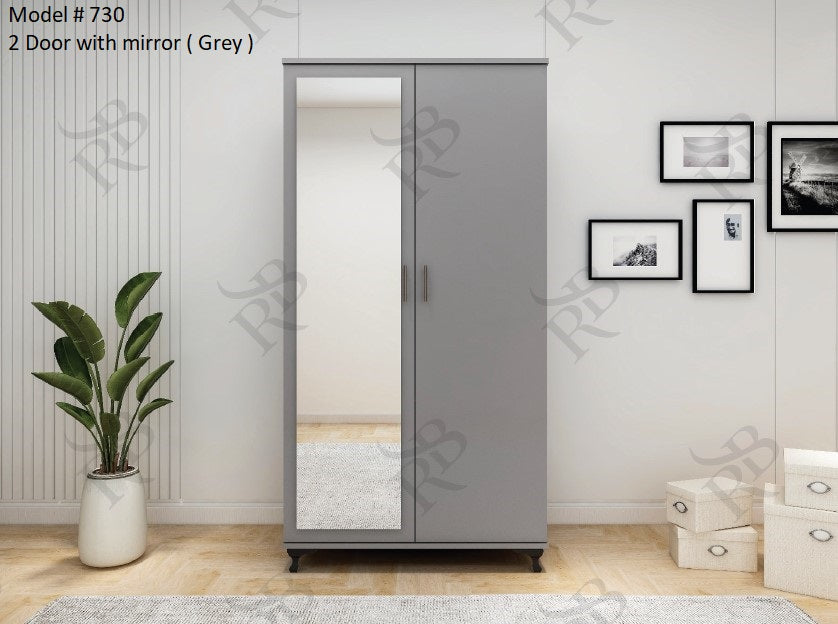 Modern 2-Door Wardrobe with Full-Length Mirror - Black Finish