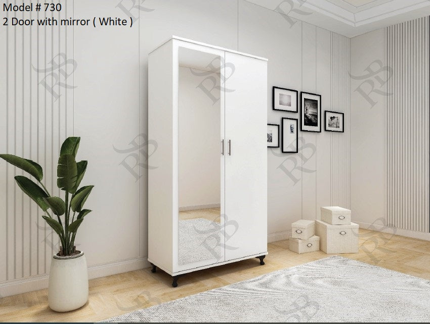 Modern 2-Door Wardrobe with Full-Length Mirror - Black Finish