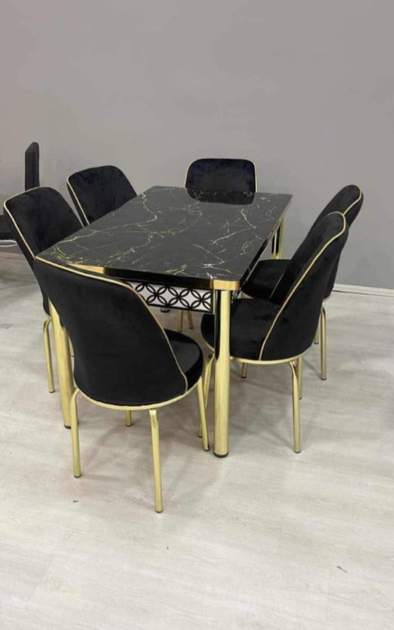 Elegant Marble-Effect Dining Table Set - 6-Seater with Velvet Upholstered Chairs