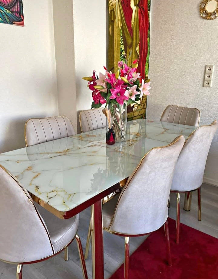 Elegant Marble-Effect Dining Table Set - 6-Seater with Velvet Upholstered Chairs