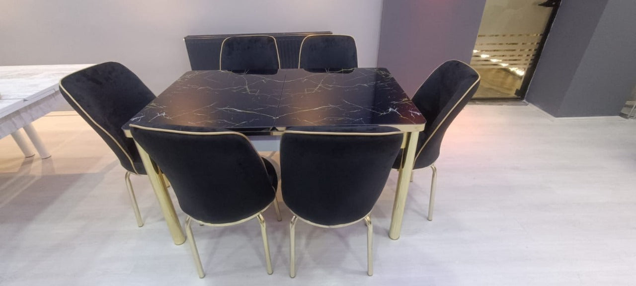 Elegant Marble-Effect Dining Table Set - 6-Seater with Velvet Upholstered Chairs