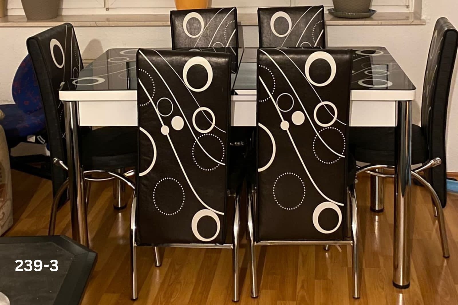 Modern Glass Top Dining Table Set - 4-6 Seater with Decorative Upholstered Chairs