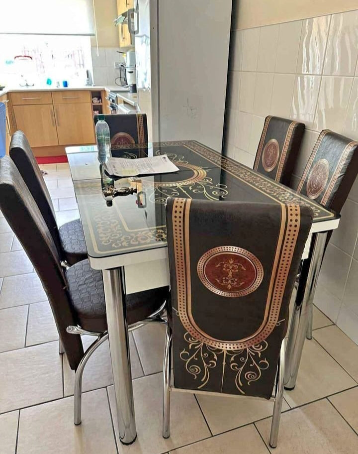 Modern Glass Top Dining Table Set - 4-6 Seater with Decorative Upholstered Chairs