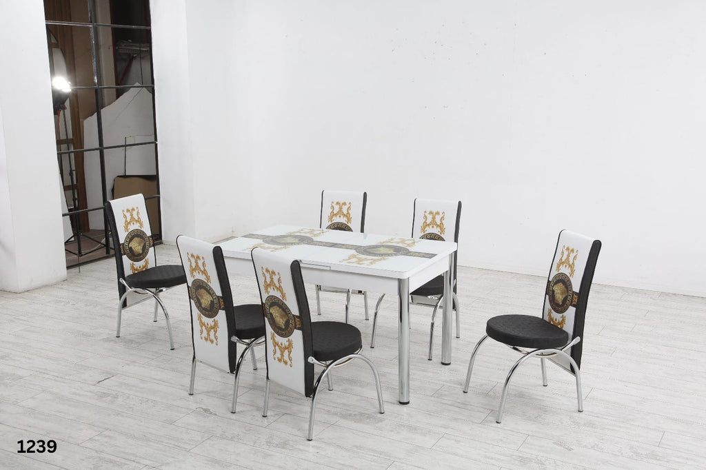 Modern Glass Top Dining Table Set - 4-6 Seater with Decorative Upholstered Chairs