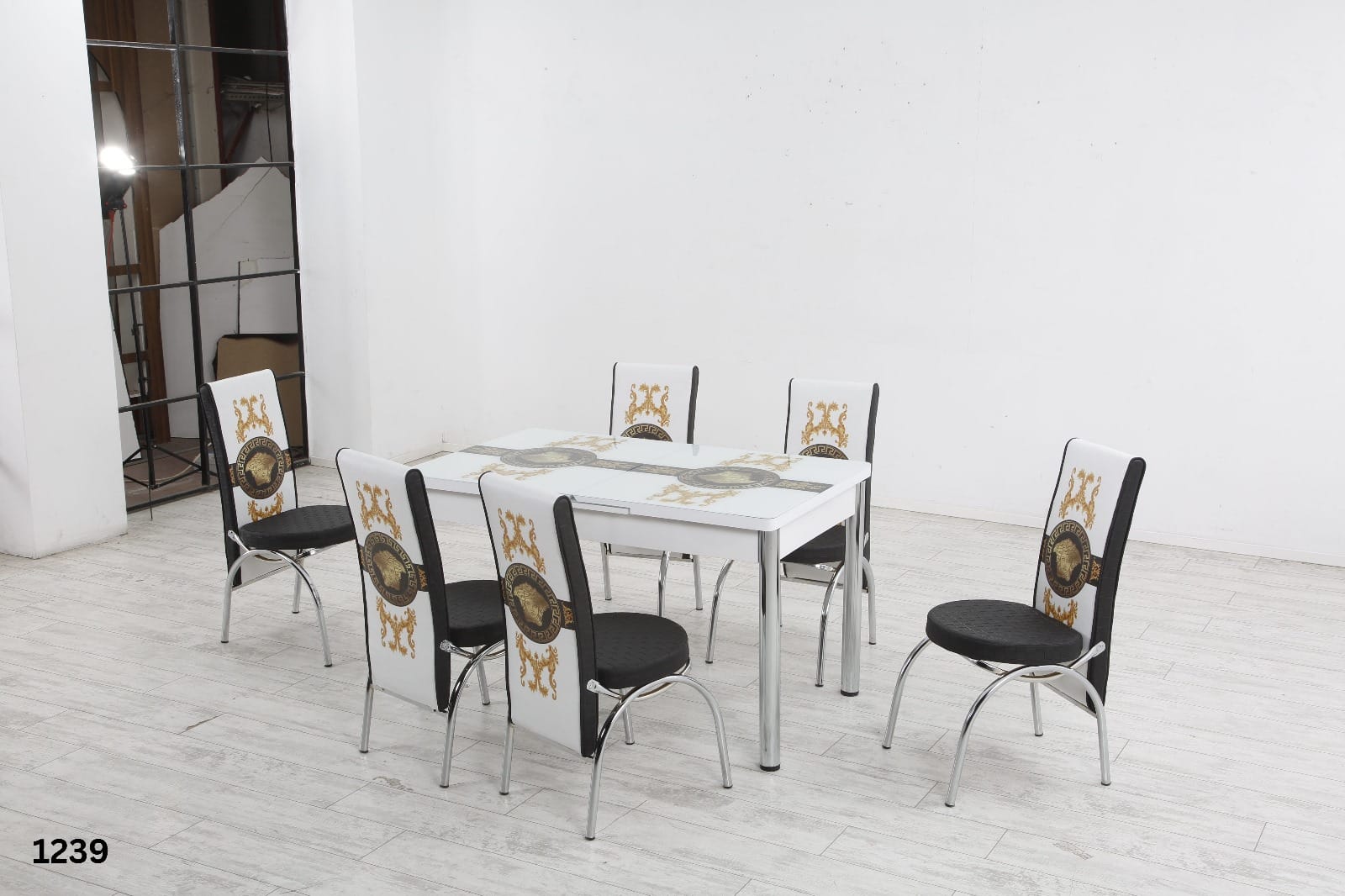 Modern Glass Top Dining Table Set - 4-6 Seater with Decorative Upholstered Chairs