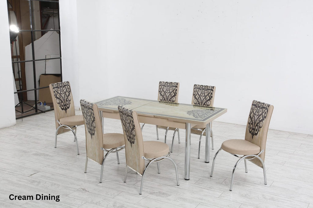 Modern Glass Top Dining Table Set - 4-6 Seater with Decorative Upholstered Chairs