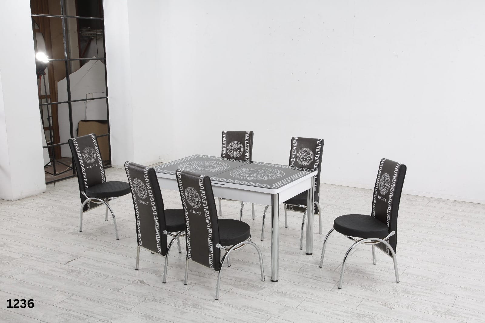Modern Glass Top Dining Table Set - 4-6 Seater with Decorative Upholstered Chairs