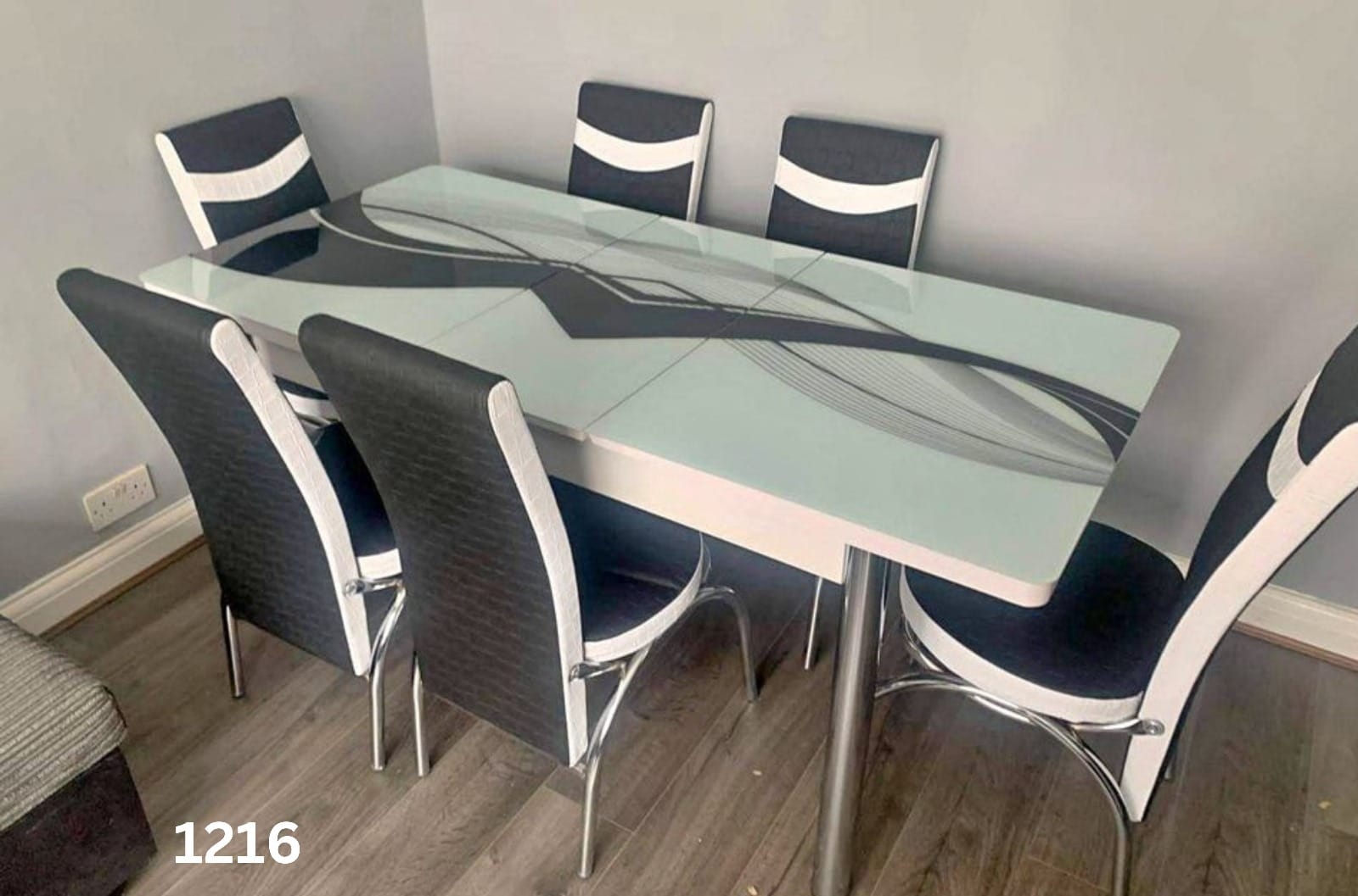 Modern Glass Top Dining Table Set - 4-6 Seater with Decorative Upholstered Chairs