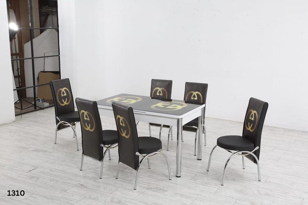 Modern Glass Top Dining Table Set - 4-6 Seater with Decorative Upholstered Chairs