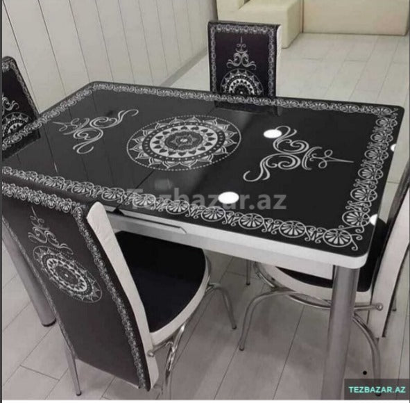 Modern Glass Top Dining Table Set - 4-6 Seater with Decorative Upholstered Chairs