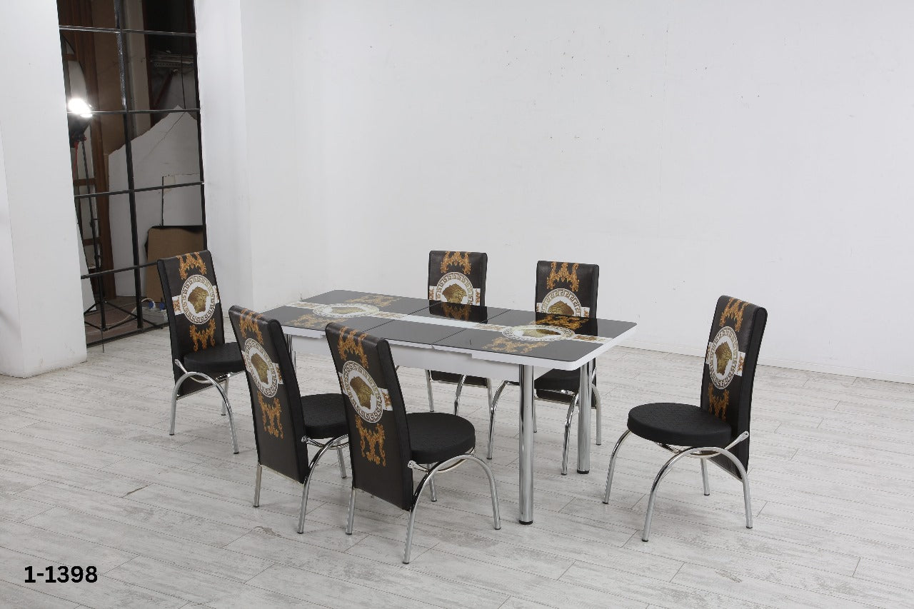Modern Glass Top Dining Table Set - 4-6 Seater with Decorative Upholstered Chairs