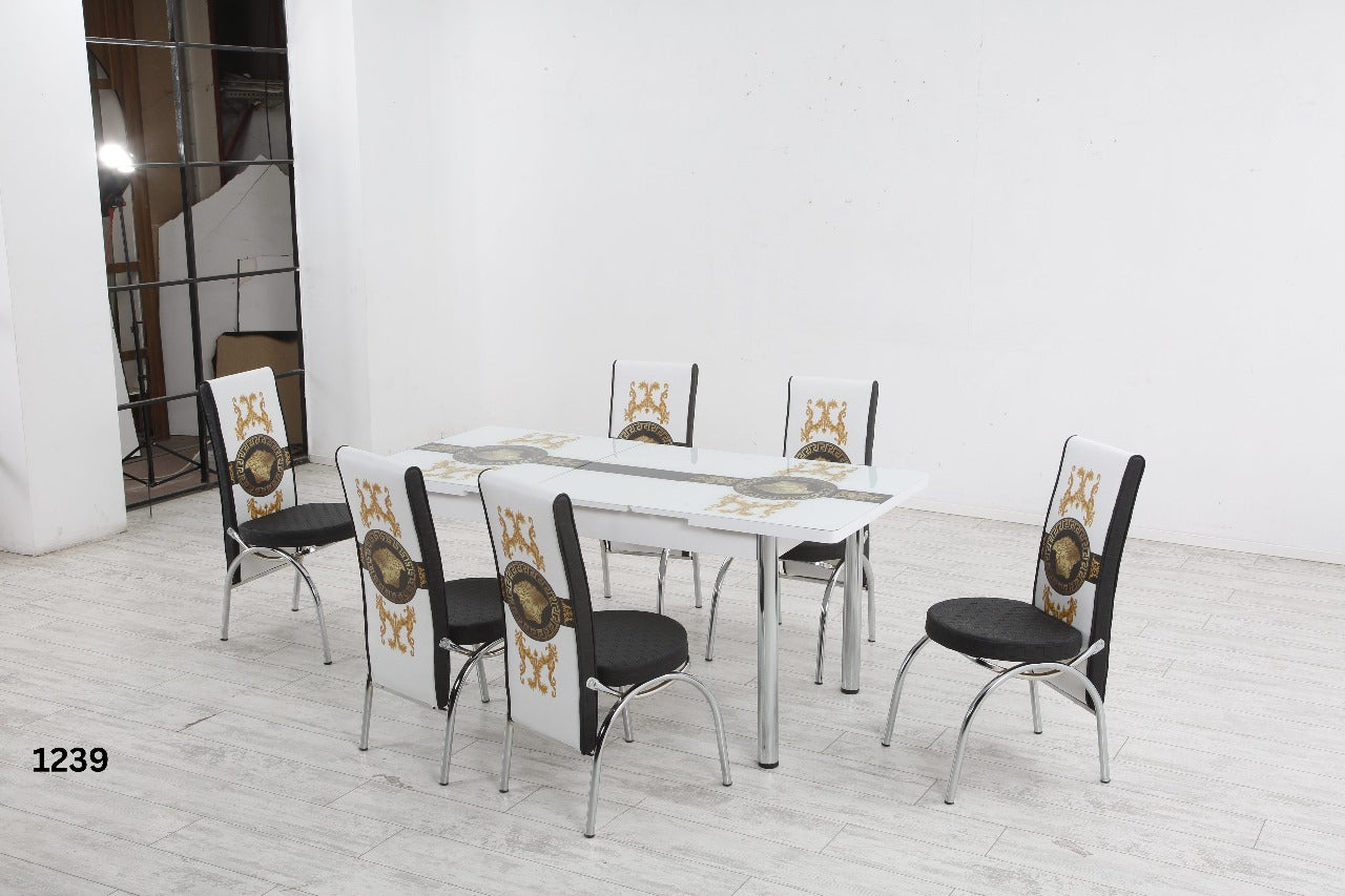 Modern Glass Top Dining Table Set - 4-6 Seater with Decorative Upholstered Chairs