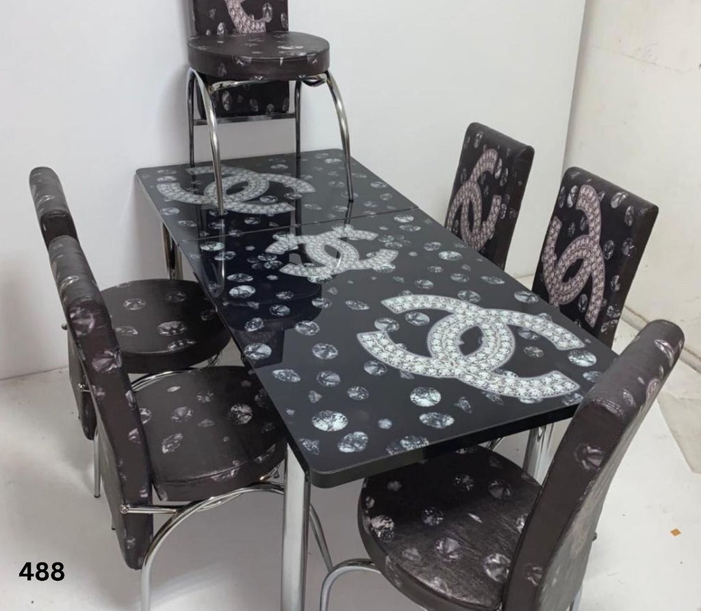 Modern Glass Top Dining Table Set - 4-6 Seater with Decorative Upholstered Chairs