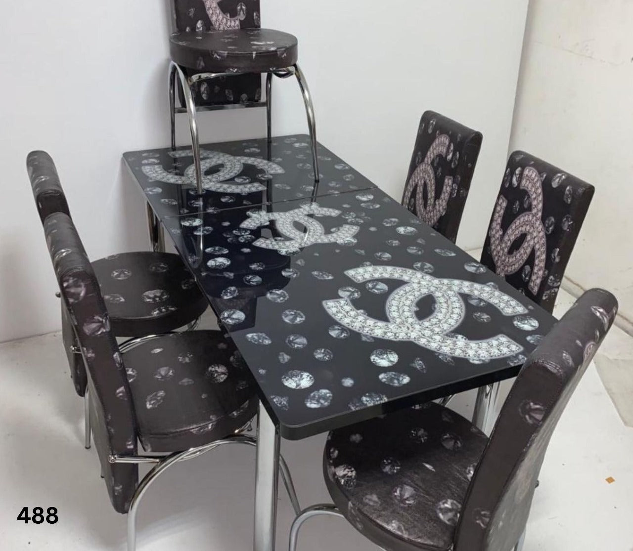 Modern Glass Top Dining Table Set - 4-6 Seater with Decorative Upholstered Chairs