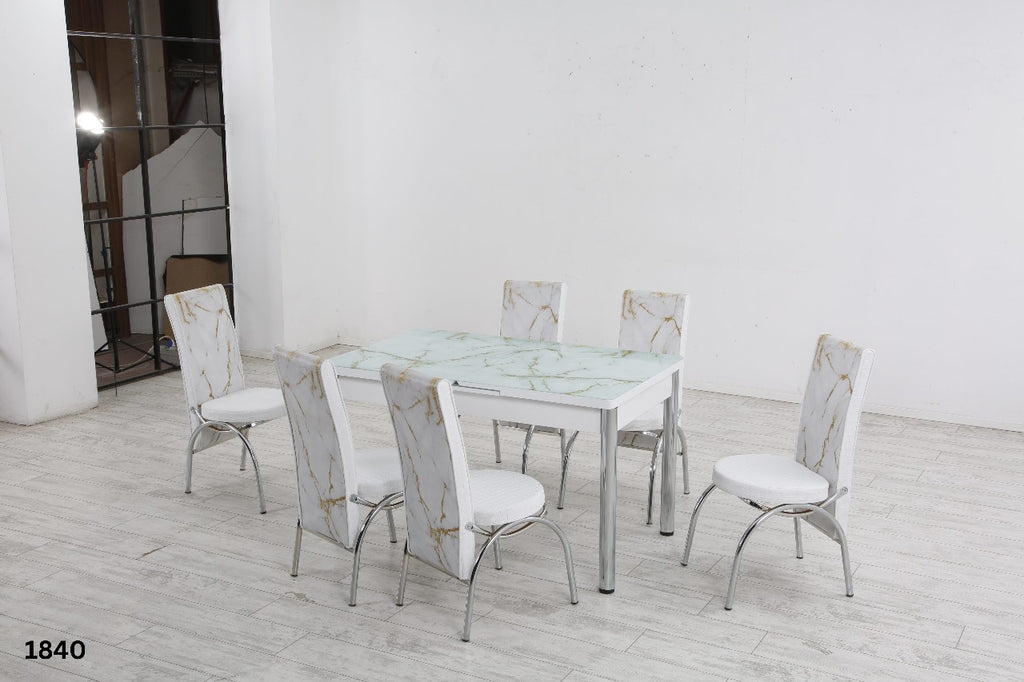 Modern Glass Top Dining Table Set - 4-6 Seater with Decorative Upholstered Chairs