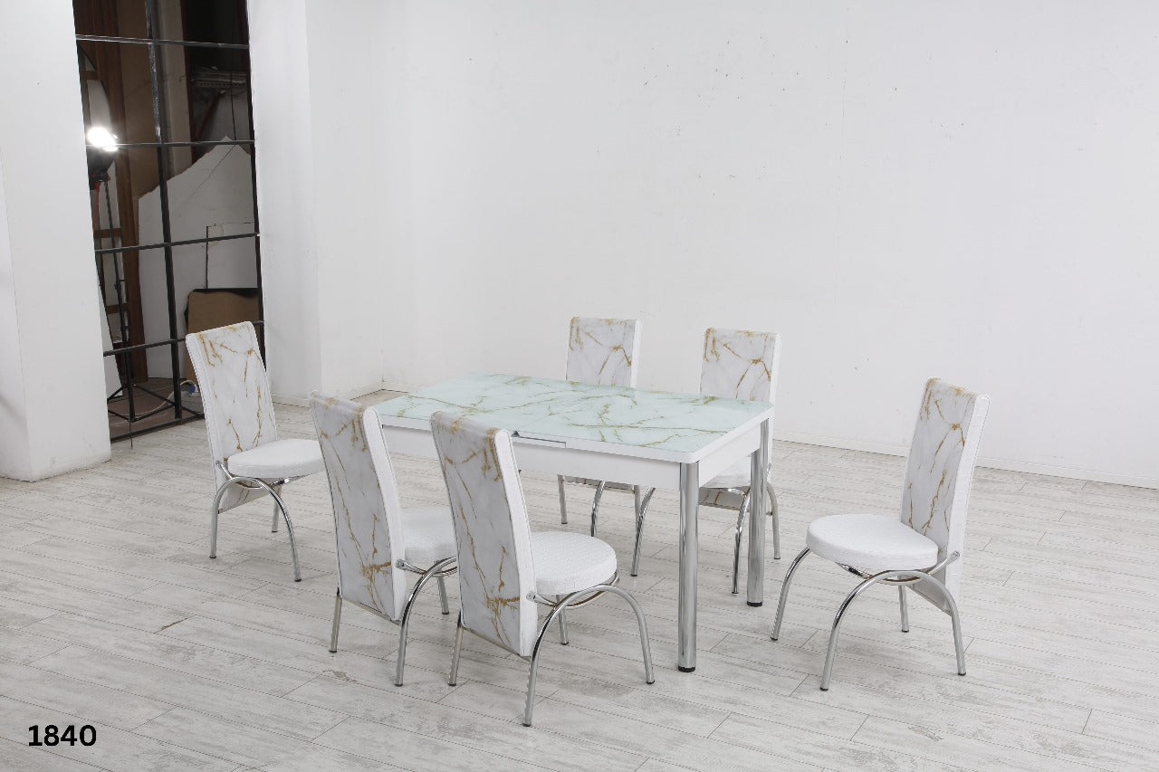 Modern Glass Top Dining Table Set - 4-6 Seater with Decorative Upholstered Chairs