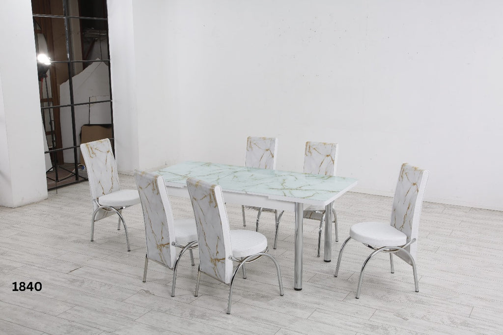 Modern Glass Top Dining Table Set - 4-6 Seater with Decorative Upholstered Chairs